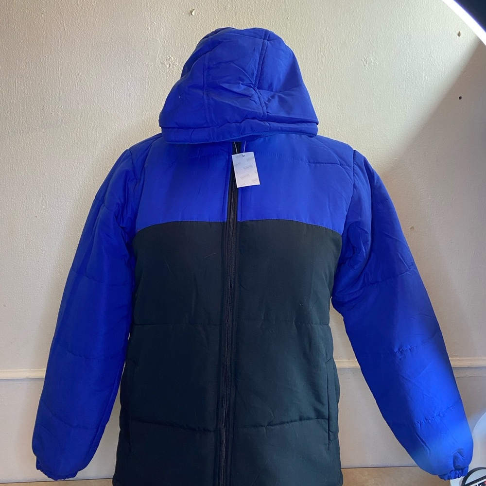 Blue and Black Hooded Puffer Jacket